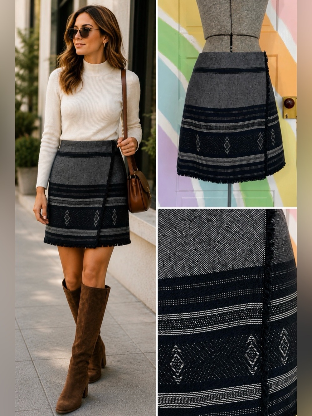 LOFT Jacquard Blanket Faux Wrap Skirt Southwestern Fringe Black Gray Sz 8 💚🎀
